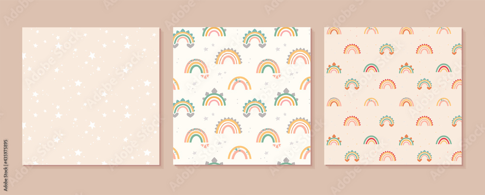 Set of seamless patterns, vector. Cute rainbows in boho style, pastel colors. Flat print with dinosaur decor elements, hearts and stars. For wallpaper, packaging, textiles, etc.