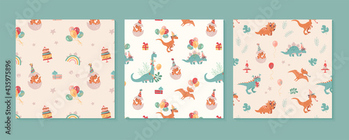Festive set of patterns with dinosaurs. Velocepator, brontosaurus, stegosaurus, pteranodon, and a baby that has just hatched from an egg. Balloons, gifts. Cheerful vector background for children.