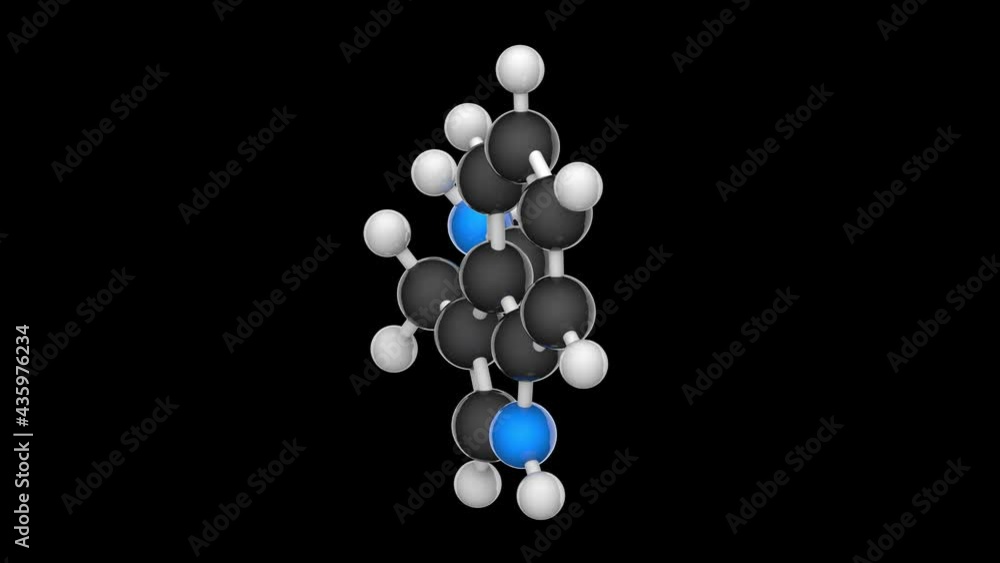 Tryptamine is a monoamine alkaloid. Formula C10H12N2. 3D render. Seamless loop. Chemical structure model: Ball and Stick. RGB + Alpha (Transparent) channel Tryptamine is a monoamine alkaloid. Formula C10H12N2. 3D render. Seamless loop. Chemical structure model: Ball and Stick. RGB + Alpha (Transparent) channel