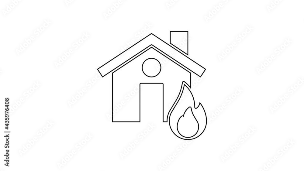 Black line Fire in burning house icon isolated on white background. 4K Video motion graphic animation Black line Fire in burning house icon isolated on white background. 4K Video motion graphic animation