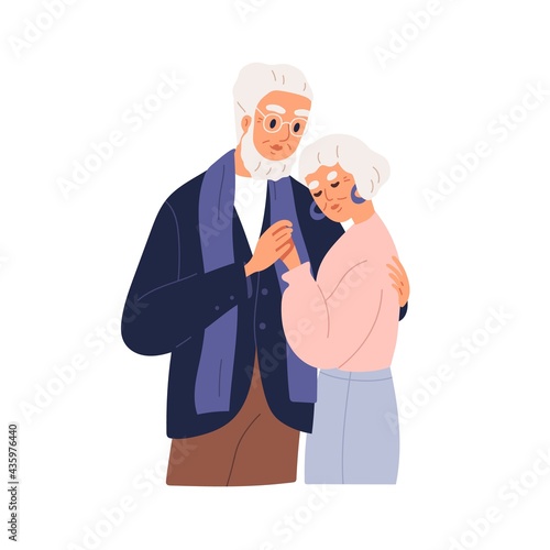 Senior couple of man and woman hugging. Old gray-haired husband and wife embracing and supporting each other. Grandma and grandpa together. Flat vector illustration isolated on white background