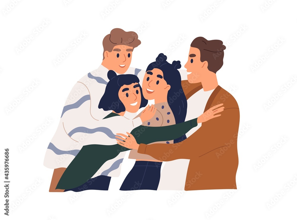 Happy male and female friends hugging. People meeting and embracing together. Concept of friendship and reunion. Colored flat vector illustration of smiling teenagers isolated on white background Happy male and female friends hugging. People meeting and embracing together. Concept of friendship and reunion. Colored flat vector illustration of smiling teenagers isolated on white background