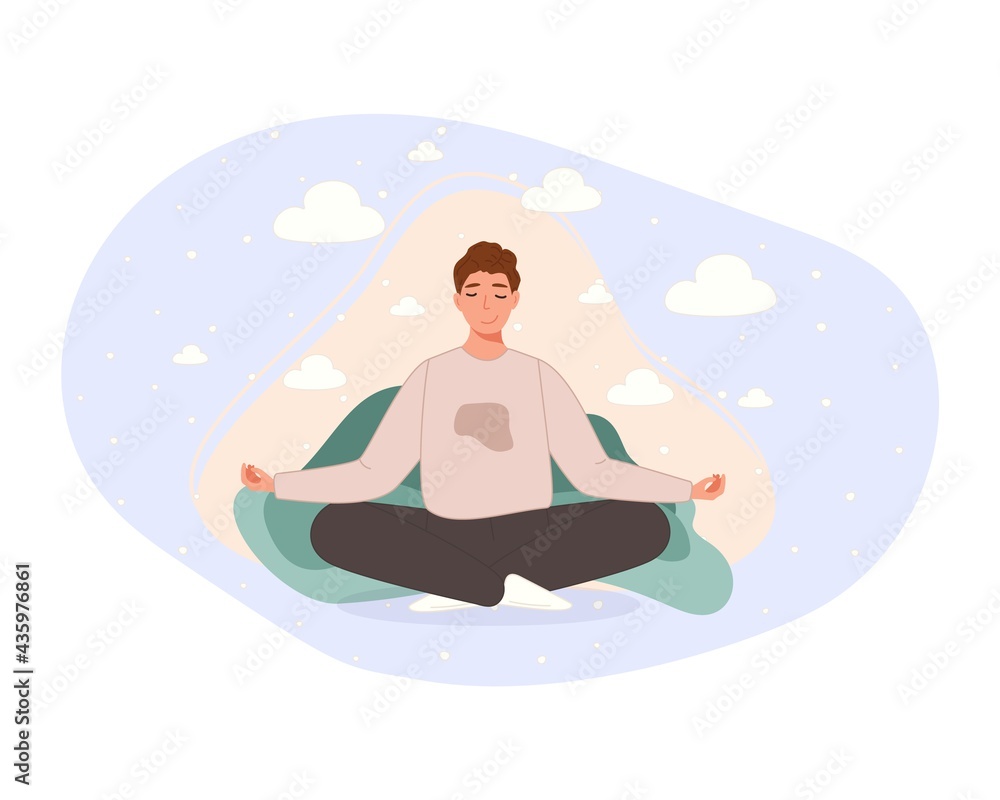 Men sitting on floor and meditating in lotus pose. Yoga meditation practice concept in cartoon style. Vector illustration Men sitting on floor and meditating in lotus pose. Yoga meditation practice concept in cartoon style. Vector illustration