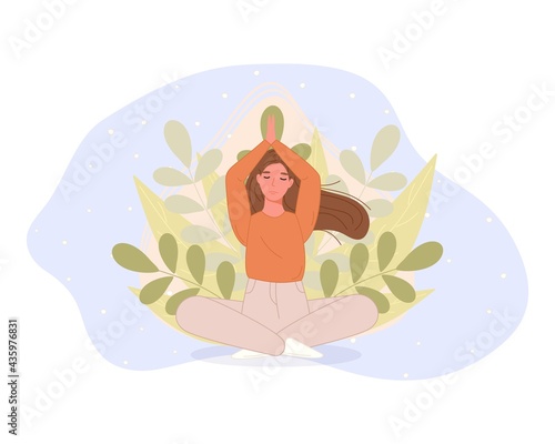 Women sitting on floor and meditating in lotus pose. Yoga meditation practice concept in cartoon style. Vector illustration