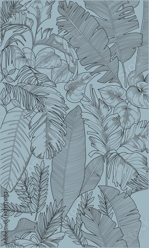 Black lines pattern of tropical leaves pattern style on gray background, flat line vector and illustration.