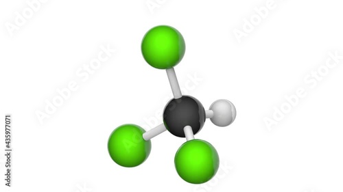 Chloroform (trichloromethane, Methane trichloride, Methyl trichloride, TCM). Formula CHCl3. 3D render. Seamless loop. Chemical structure model: Ball and Stick. White background photo