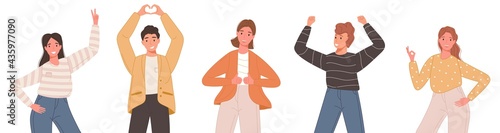 Set of happy smile people in casual clothes showing different poses isolated on white background. Vector illustration positive character emotions with gesture