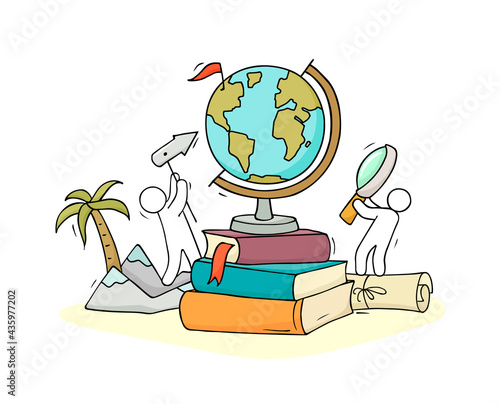 School illustration with globe, books and little people