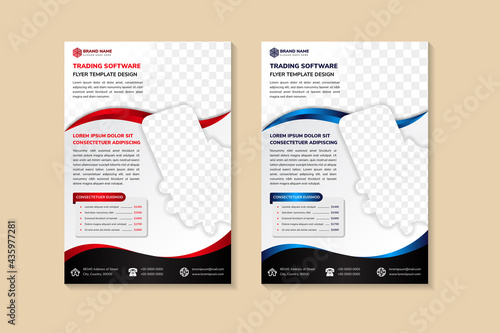 set of trading software flyer template design use vertical layout. red, blue and black gradient on element. grey white gradient with space for photo collage. 