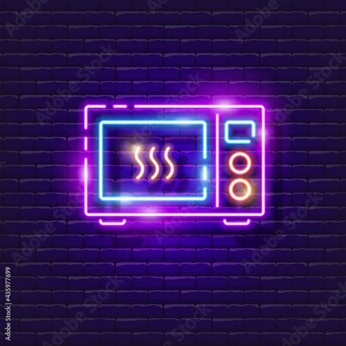 Microwave neon sign. Vector illustration for design. Fast cooking concept. Glowing icon of household appliances for the kitchen.