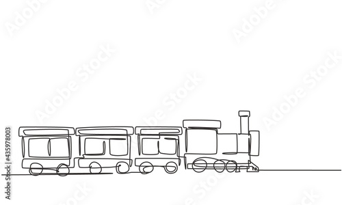 Single one line drawing of a train locomotive with three carriages in the form of a roving steam system in an amusement park to transport passengers. One line draw design graphic vector illustration.