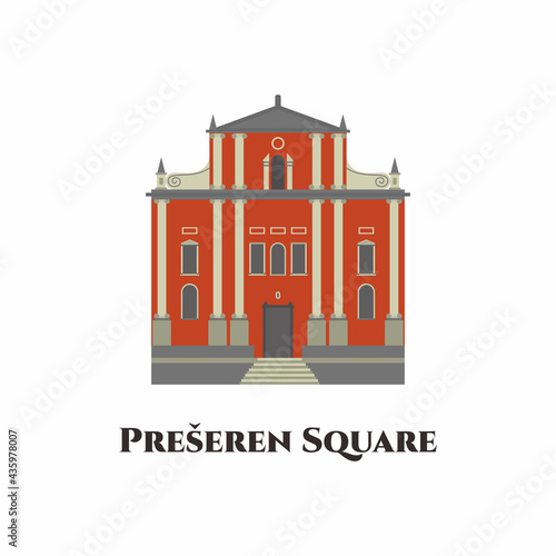 Prešeren Square is the central square in Ljubljana, the capital of Slovenia. Cartoon building landmark travel, tourism destination infographic, information. Flat vector illustration photo