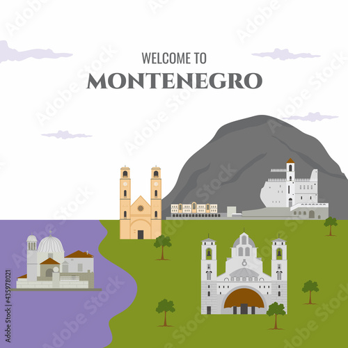 Welcome To Montenegro country design template with famous building landmarks. Flat cartoon style historic sight showplace web vector illustration. World vacation travel and trip collection.