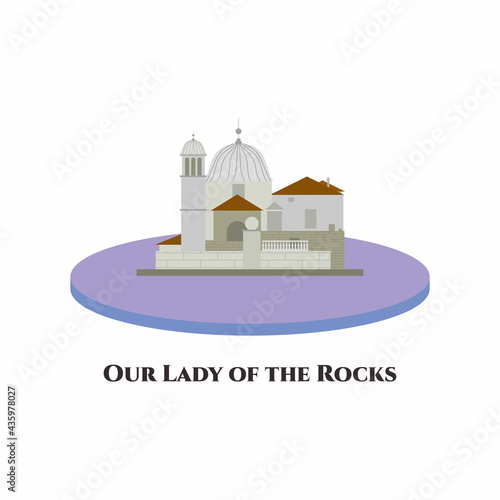 Our Lady of the Rocks is one of the two islets off the coast of Perast in the Bay of Kotor, Montenegro. A beautiful museum and church. Vector flat cartoon illustration infographic poster, banner