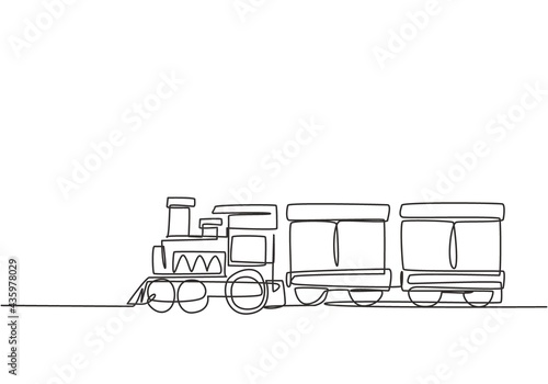 Single one line drawing of a train locomotive with two carriages in the form of a roving steam system in amusement park to transport passengers. Continuous line draw design graphic vector illustration