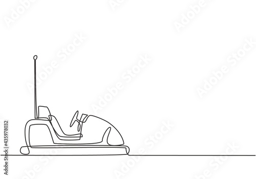 Single continuous line drawing electric dodgem car in amusement park arena with one antenna. Playing bumper car is a lot of fun for kids. Dynamic one line draw graphic design vector illustration. photo