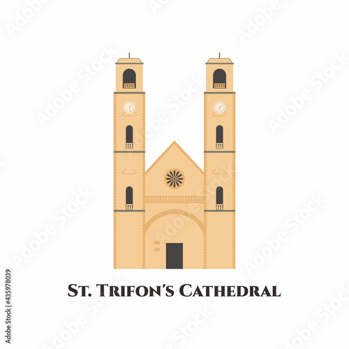 Saint Trifon's Cathedral, Old Town of Kotor. It is under protection of UNESCO and enters the list of the world cultural heritage. Beautiful cathedral, tourist attraction. Flat vector illustration