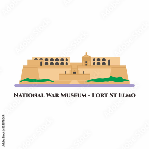 Fort Saint Elmo is a star fort in Valletta, Malta. Remarkable buildings and great views. Well worth a visit. Valetta travel, trip infographic poster, banner concept design. Vector flat illustration