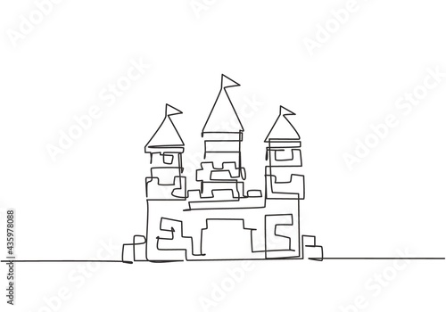 Single continuous line drawing a castle in an amusement park with three towers and a flag on each roof. Fort building that tells of life in a kingdom. One line draw graphic design vector illustration