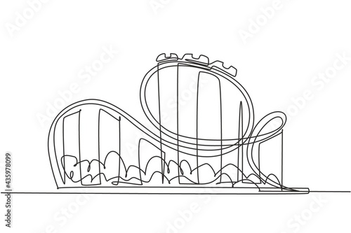 Single one line drawing of a roller coaster in an amusement park with a track high in the sky.  Extreme rides that are very popular with young people. One line draw design graphic, vector illustration