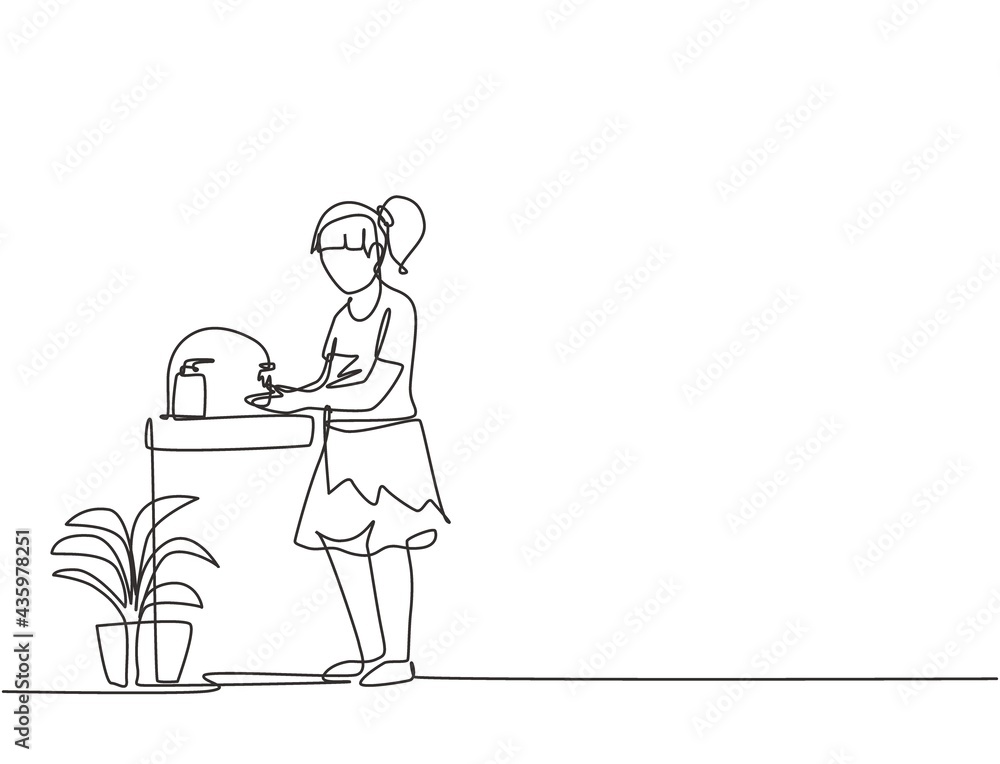 Single continuous line drawing a girl washes her hands in the sink, there is a soap dish by the tap and there is a pot of plants under the sink. One line draw graphic design vector illustration. Single continuous line drawing a girl washes her hands in the sink, there is a soap dish by the tap and there is a pot of plants under the sink. One line draw graphic design vector illustration.