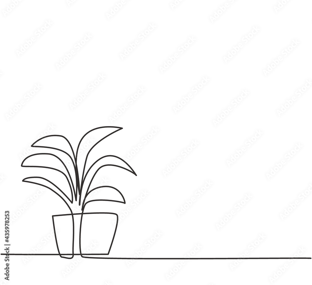 Single continuous line drawing potted plants with six growing leaves are used for ornamental plants. Leaves that decorate the interior of the room. One line draw graphic design vector illustration.