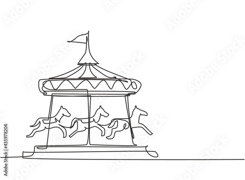 Single continuous line drawing of a horse carousel in an amusement park with horses spinning under the tent with a flag. Happy childhood. Dynamic one line draw graphic design vector illustration.