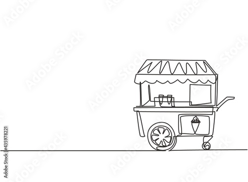Continuous one line drawing of an ice cream booth at an amusement park using a two-wheeled cart. Delicious and yummy summertime dessert concept. Single line draw design vector graphic illustration. photo