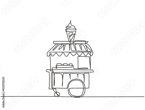Single one line drawing of ice cream booth at amusement park using a two-wheeled cart with an ice cream logo. Sweet and very tasty food concept. Continuous line draw design graphic vector illustration