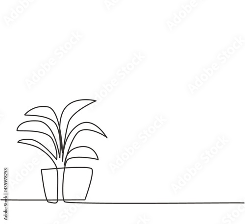 Single continuous line drawing potted plants with six growing leaves are used for ornamental plants. Leaves that decorate the interior of the room. One line draw graphic design vector illustration.