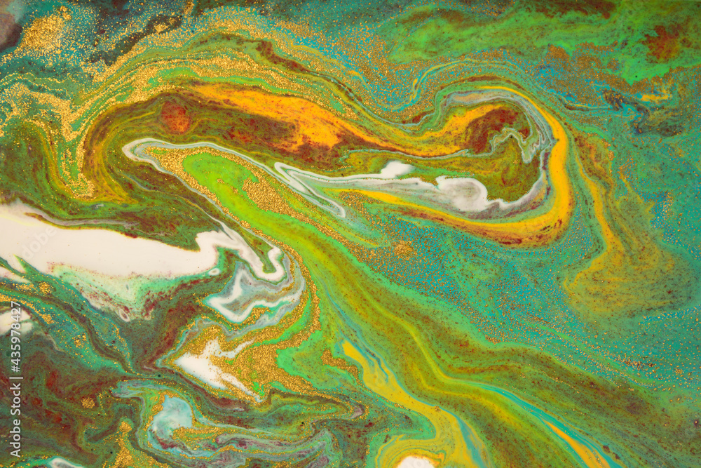 Blue, yellow and green nature marble texture imitation. Liquid abstract background.