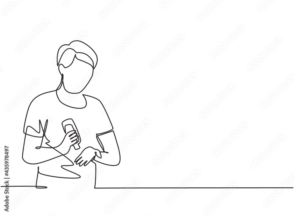Single continuous line drawing man pours hand sanitizer into the palms of his hands to avoid germs and be more hygienic. Protection against covid-19. One line draw graphic design vector illustration.