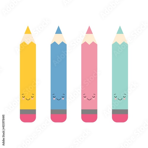 Cartoon illustration of a set color cute pencils isolated on white background