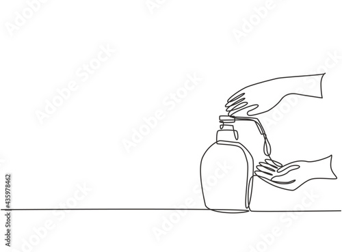 Single continuous line drawing hand sanitizer bottles containing cleaning fluids such as alcohol to clean hands from germs, bacteria, viruses. Dynamic one line draw graphic design vector illustration.