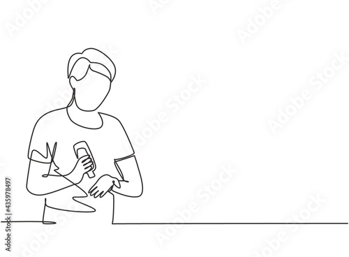 Single continuous line drawing man pours hand sanitizer into the palms of his hands to avoid germs and be more hygienic. Protection against covid-19. One line draw graphic design vector illustration.