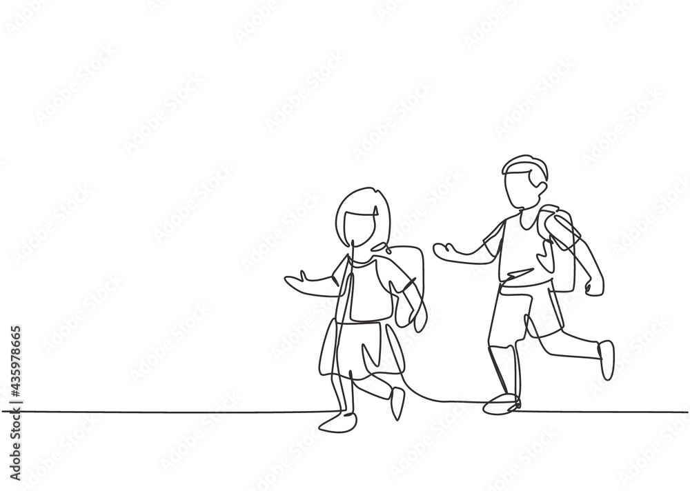 Single continuous line drawing elementary school students both boys and girls were running on the side of the road avoiding being late for school. One line draw graphic design vector illustration. Single continuous line drawing elementary school students both boys and girls were running on the side of the road avoiding being late for school. One line draw graphic design vector illustration.