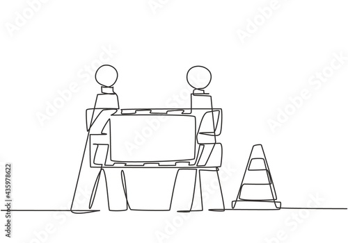 Single continuous line drawing warnings on under construction boards and traffic cones located on the side of the road that is undergoing repairs. One line draw graphic design vector illustration.