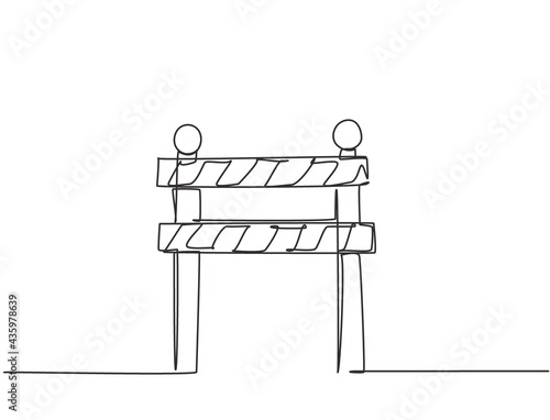 Continuous one line drawing striped under construction board located on the side of the road which is undergoing repairs due to traffic accidents. Single line draw design vector graphic illustration.