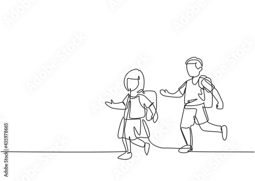 Single continuous line drawing elementary school students both boys and girls were running on the side of the road avoiding being late for school. One line draw graphic design vector illustration.