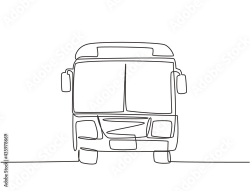 Continuous one line drawing front view of bus that is stopped at the bus stop waiting for passengers to get on and off, then continue their journey. Single line draw design vector graphic illustration