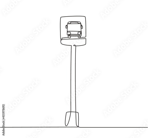Single one line drawing of a bus stop with a simple bus sign located on the side of an urban road where passengers get on and off. Modern continuous line draw design graphic vector illustration.