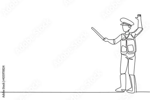 Single one line drawing of a policeman in full uniform and using a short stick is controlling the vehicle on a busy highway. A life in the city. Continuous line draw design graphic vector illustration