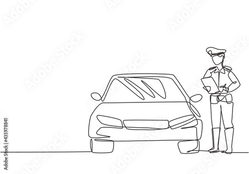 Single continuous line drawing policeman with uniform is ticketing a driver who uses a car for violating traffic signs. Regulations must be enforced. One line draw graphic design vector illustration.