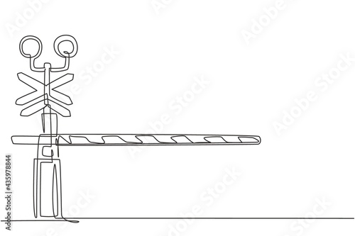Continuous one line drawing a railway barrier with stripes, signs, and warning lights closes railroad crossings to prevent vehicles from entering. Single line draw design vector graphic illustration.