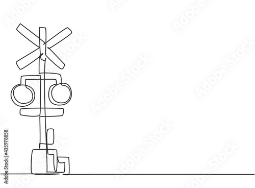 Single one line drawing of railway barrier with signs and warning lights in an open position that allows vehicles to cross railway lines. Modern continuous line draw design graphic vector illustration
