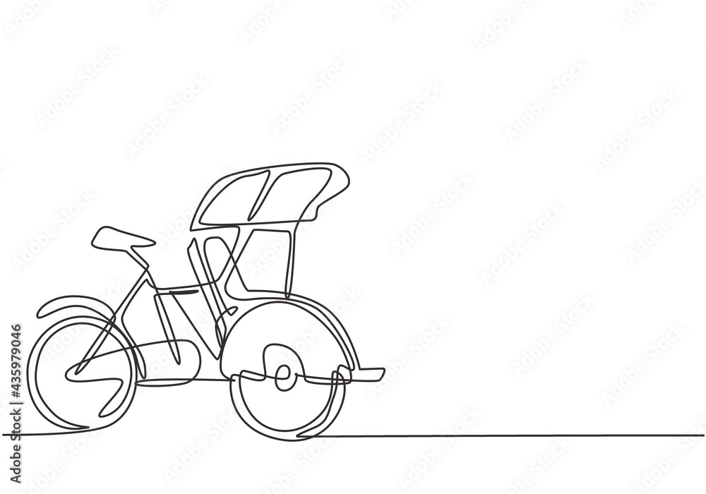 Continuous one line drawing pedicab is viewed from the side with three wheels and the front passenger seat and the driver's controls at the rear. Single line draw design vector graphic illustration.