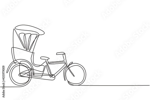 Single continuous line drawing the cycle rickshaw seen from the side pulls the passenger sitting behind it with a bicycle pedal. Tourist vehicle. One line draw graphic design vector illustration.