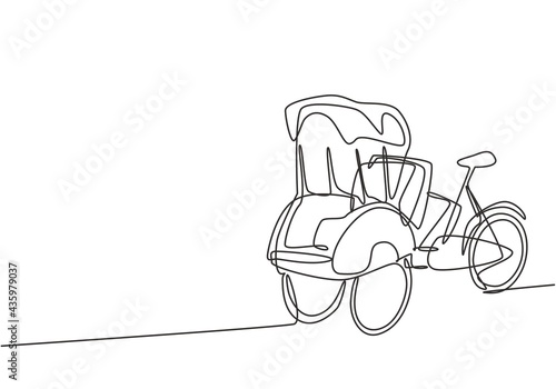Single one line drawing pedicab with three wheels and passenger seat at the front and driver control at the rear are often found in Indonesia. Continuous line draw design graphic vector illustration. photo