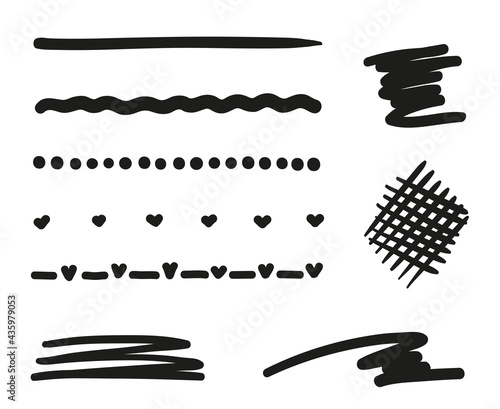 Hand drawn lettering underlines on white. Abstract chaotic lines. Hatching. Freehand art. Black and white illustration
