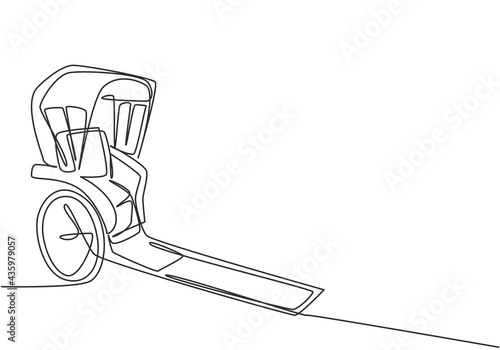 Continuous one line drawing pulled rickshaw vehicles that are a part of history in China and Japan with two wheels and being towed by humans. Single line draw design vector graphic illustration.